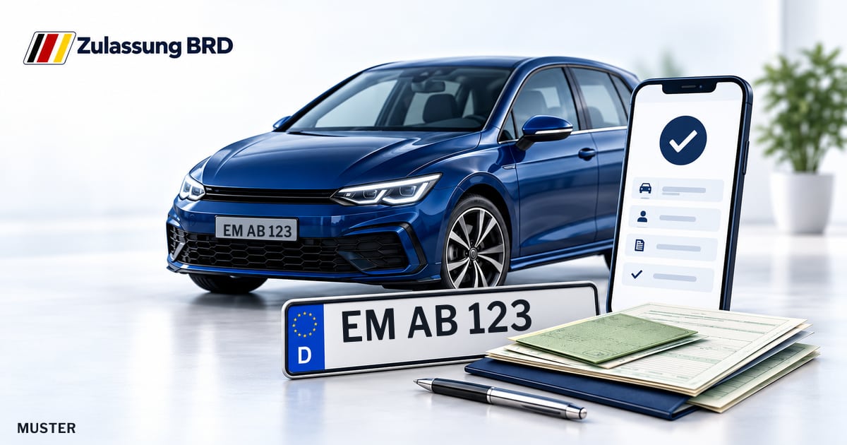 Online Fahrzeugzulassung in Kenzingen: Musterkennzeichen EM AB 123, Auto und Fahrzeugpapiere und Smartphone. Illustration mit Logo von Zulassung BRD.